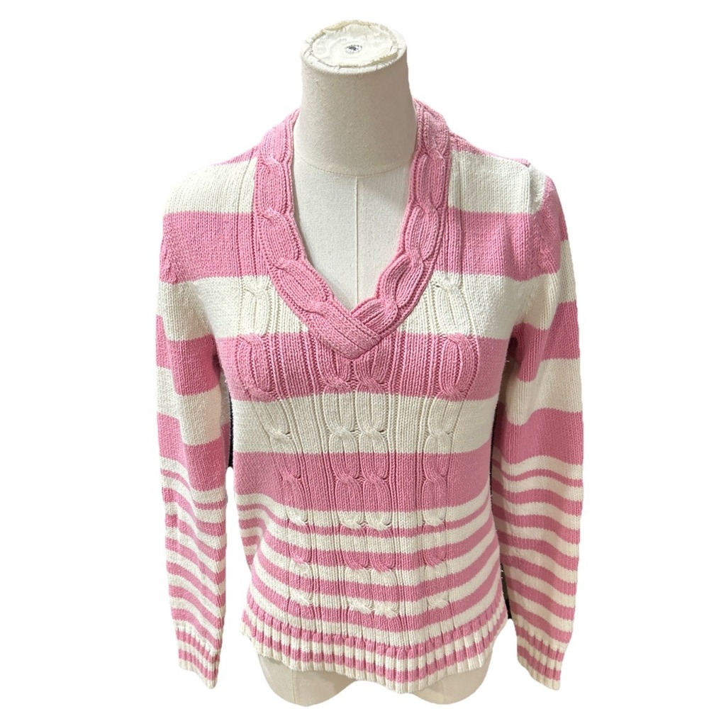 Tommy Hilfiger‎ Women's Vneck Cable Knit Sweater Medium Pink White Pullover